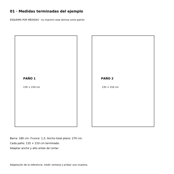 Esquema de dos paños terminados de 135 por 210 cm para barra de 180 cm