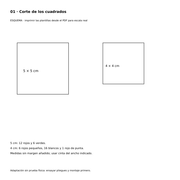 Esquema de cuadrados de cinta de 5 y 4 cm con cantidades por color