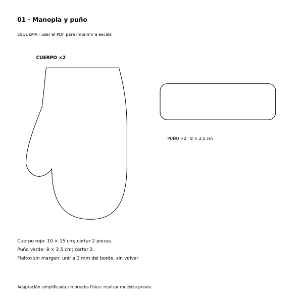 Esquema de cuerpo rojo de 10 por 15 cm y dos piezas de puño verde