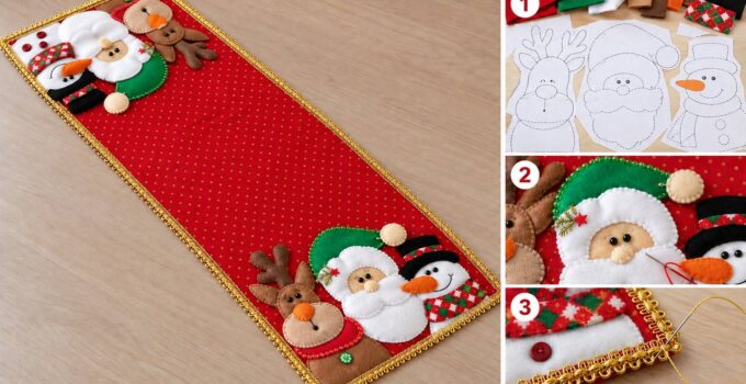 Centro de mesa navideño: curso y taller con moldes Camino de mesa rojo con ribete dorado y personajes navideños en los dos extremos