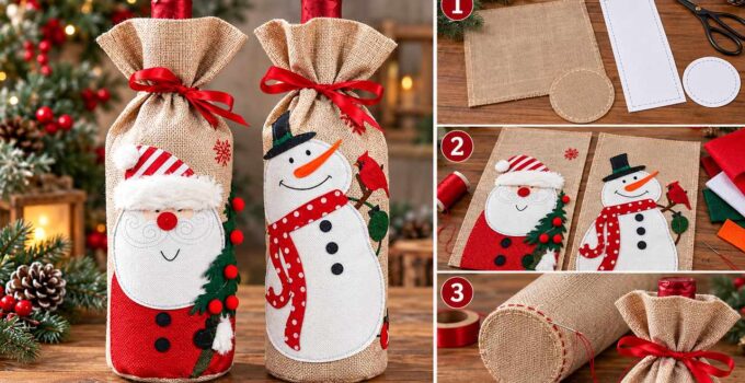 Forro de botella de vino navideño: curso y taller con moldes Dos fundas de arpillera para botellas con Santa, muñeco de nieve y lazos rojos