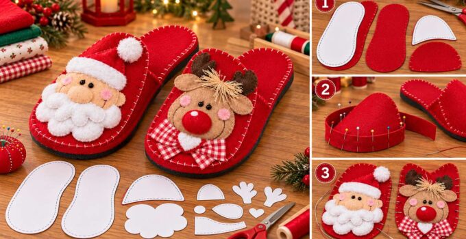 Pantuflas navideñas de Santa y reno: curso y taller con moldes Par de pantuflas rojas con Santa y reno, talón abierto y tres escenas de elaboración